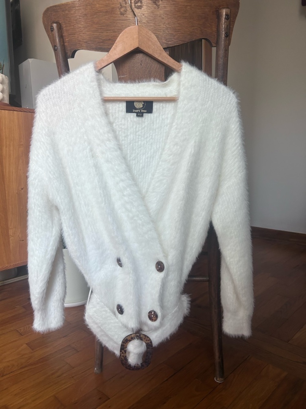 Cozy White Fuzzy Wrap Cardigan with Tortoiseshell Buttons